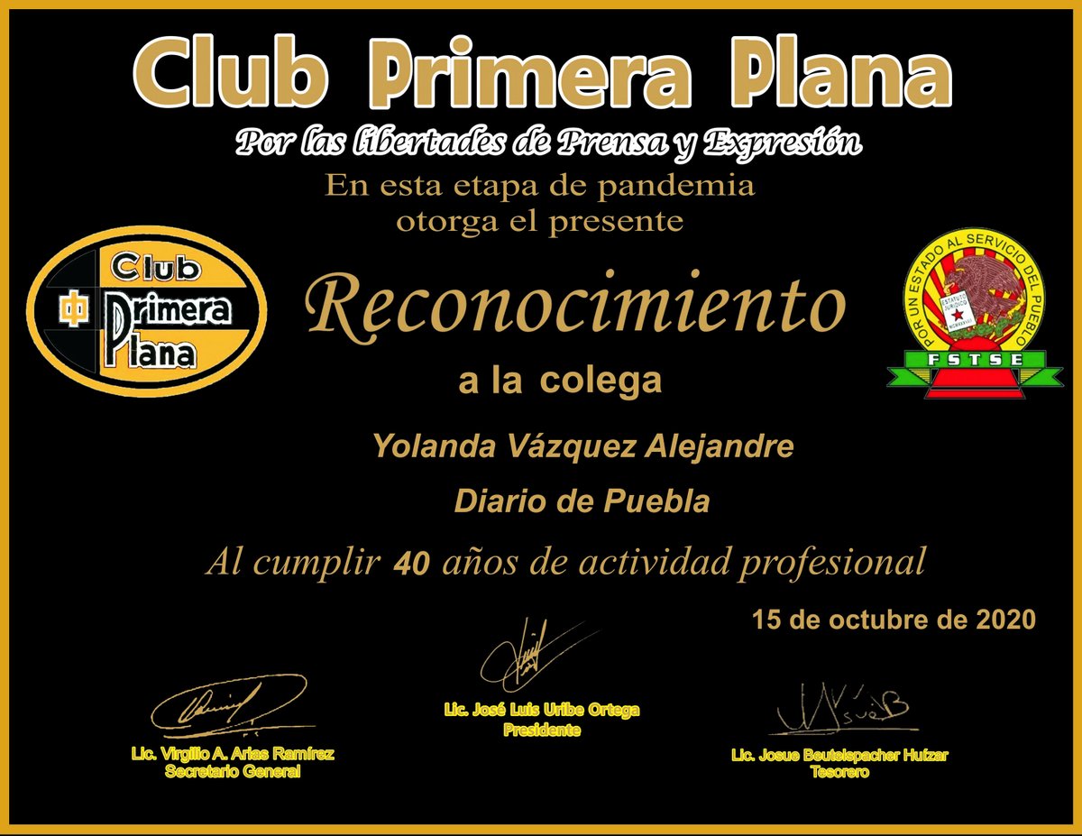 Felicito a nuestra amiga
Yolanda Vázquez Alejandre, del “Diario de Puebla”
Por recibir el Premio Reconocimiento Nacional por 40 años de trayectoria  del Club Primera Plana
Gracias <a href="/CPrimeraPlana/">Club Primera Plana Oficial</a> y @AmpepOficial