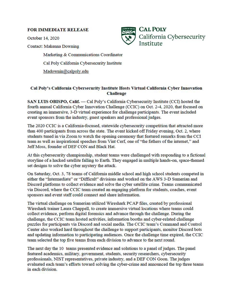 CalPolyCCI's tweet photo. Our #CCIC2020 was a huge success! Check out our feature recap about the challenge. Congratulations again to all of the participants and the winning teams! #CalPolyCCIC #CalPolyCCI #cybersecurity https://t.co/Aj1adsiwU8