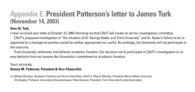 Bonnie Patterson refused to participate in  @CAUT_ACPPU’s investigation into her termination decision and whether it infringed Prof Nader’s academic freedom. 18/