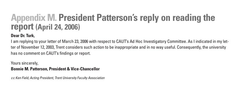 In response to the report finding her decision infringed academic freedom, Bonnie Patterson said  @CAUT_ACPPU’s investigation was “inappropriate” and “in no way useful” and declined to comment. Three sentences. 20/