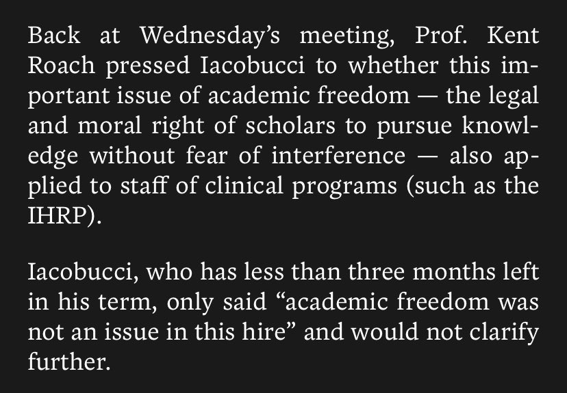 Recall that in the present scandal, @UTLaw faculty inc Kent Roach &  @AnverEmon asked for assurances that clinic directors benefit from academic freedom.How is Bonnie Patterson, the subject of a report on this issue, suitable to *be* the investigator? 21/  https://www.thestar.com/opinion/star-columnists/2020/10/08/what-the-u-of-t-law-dean-is-not-telling-about-the-schools-hiring-fiasco-is-very-telling.html