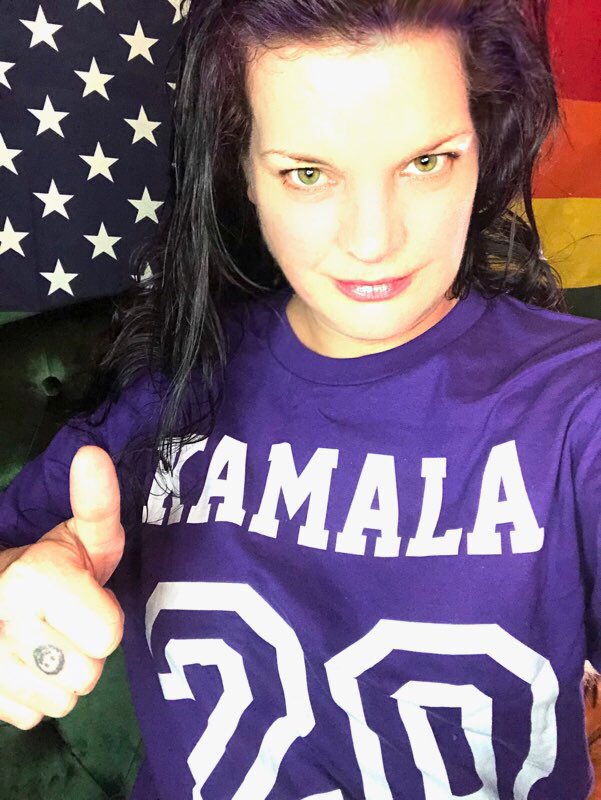 PauleyP's tweet photo. HAPPY #SpiritDay everyone. Me and my friends all wore our #purple @KamalaHarris shirts today. I met her over a decade ago at events because she is a life long supporter of #LGBT and #civil rights as am I. https://t.co/MsHlZxWnrv
