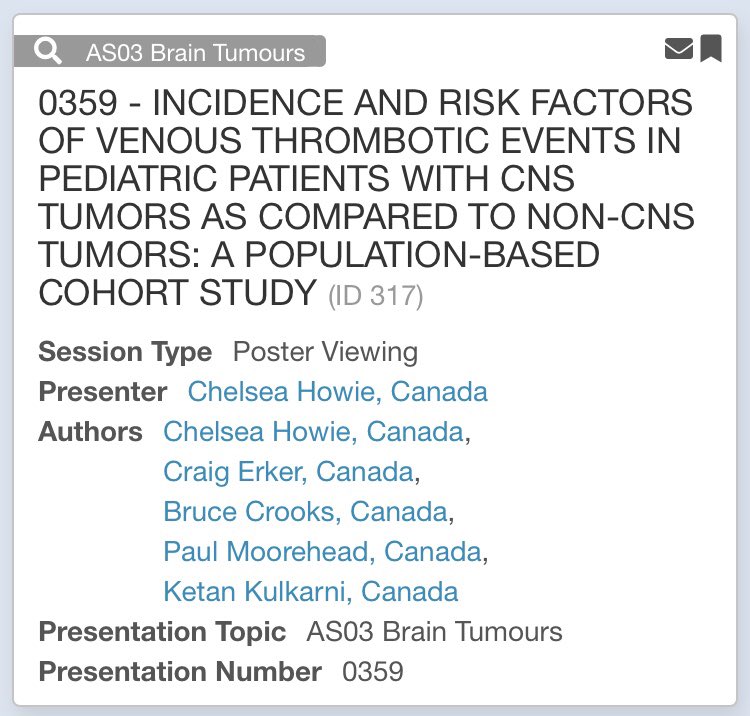 #SIOP2020! Check out our e-poster on the incidence and risk factors for VTE in children with CNS  tumors, with a specific lens on  intensity of treatment! Looking forward to many more fantastic live sessions this weekend with <a href="/WorldSIOP/">SIOP International</a>