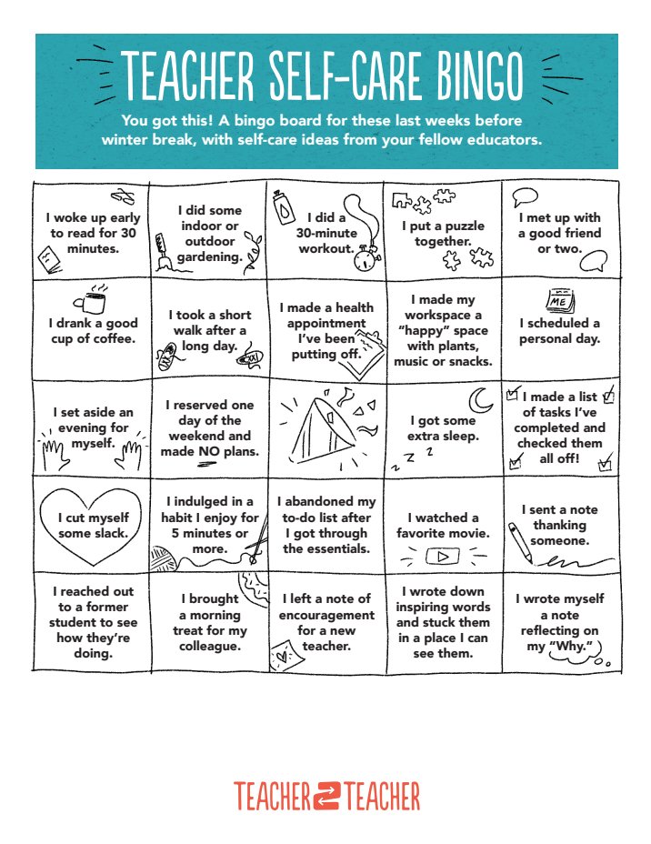 MissSamICSD's tweet photo. So, so important! I have been feeling beyond stressed and finally had a conversation with a coworker about it. She reminded me that if I'm not my best, then I can't give my students my best. In honor of that, here's a little self-care bingo for teachers #hctep https://t.co/xxkbMnDbJd