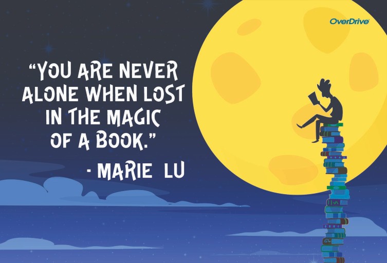 a cartoon illustration of a person sitting on a stack of books against a full moon in a starry night sky