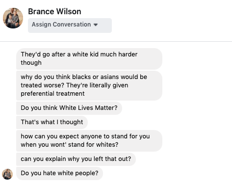 Lockney, TX pharmacist BRANCE WILSON (license 53205, NPI 1225337629) believes blacks & asians are "literally given preferential treatment" and interrogates us on FB about not "standing for whites".Wilson disperses MEDS; he can EASILY harm a minority b/c of his blind bigotry!