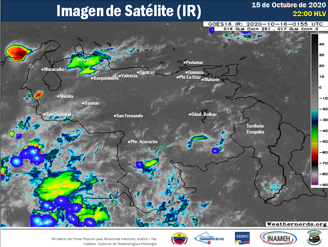 #15oct #INAMEHInforma  En la imagen se observa nubosidad fragmentada con descargas eléctricas sobre áreas deL Zulia, Falcón, Apure, Bolívar y Amazonas. #Reporte de las 22:00 HLV <a href="/tutiempopereira/">Jose Ramon Pereira</a> <a href="/NestorLReverol/">Néstor Reverol</a> <a href="/NicolasMaduro/">Nicolás Maduro</a> <a href="/MIJPVenezuela_/">MPPRIJP</a>#ImpulsamosLaSoberaníaAlimentaria