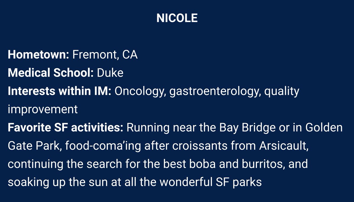 UCSFIMChiefs's tweet photo. #MedTwitter: We are excited to launch @UCSF IM #InternSpotlights!
First up, we have Anne & Nicole, an amazing duo who spent their first month of residency taking excellent care of our Parnassus general medicine patients! ⭐️💥
Learn more below about both these awesome docs 🩺 https://t.co/u5rpAbrdgd