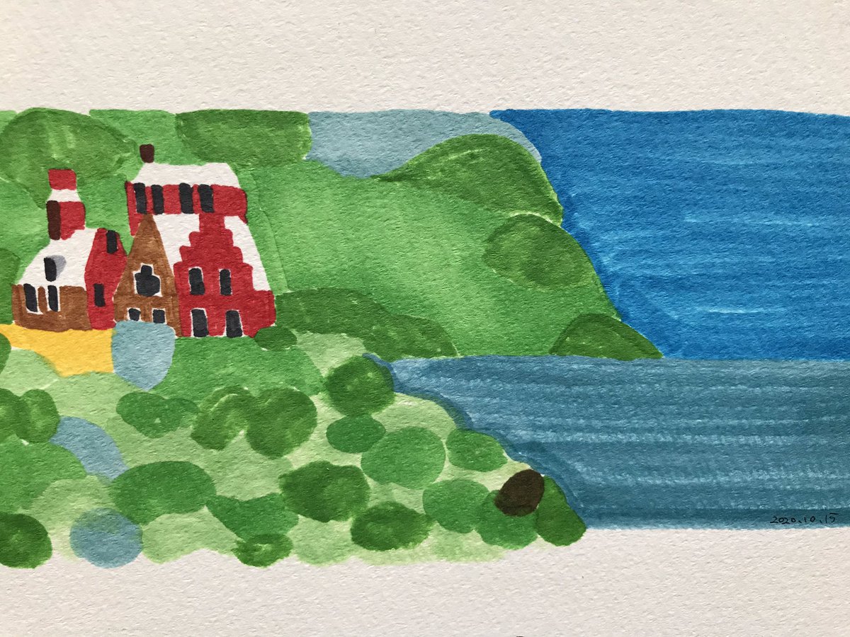 ぺんてるの水彩絵の具のフタの絵 『湖の家』 #illust #イラスト