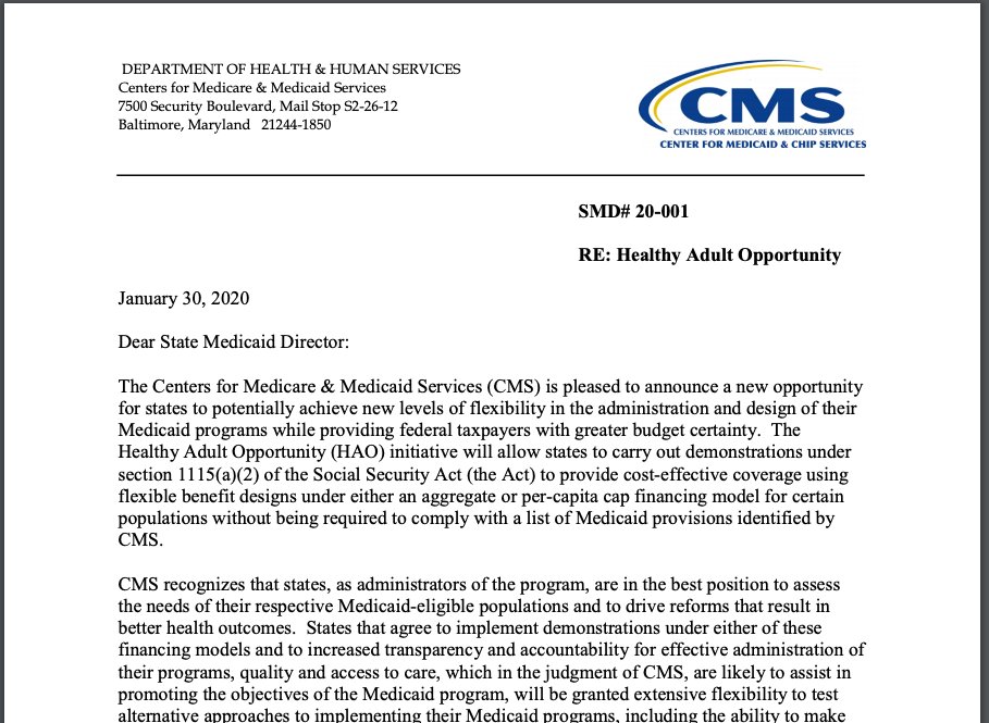 ronbercume's tweet photo. "The Healthy Adult Opportunity (HAO) initiative will allow states to carry out demonstrations under section 1115(a)(2) of the Social Security Act (the Act) to provide cost-effective coverage using flexible benefit designs under either..."   PDF: https://t.co/cOZnGjgG3p https://t.co/dU0BWHWzHJ