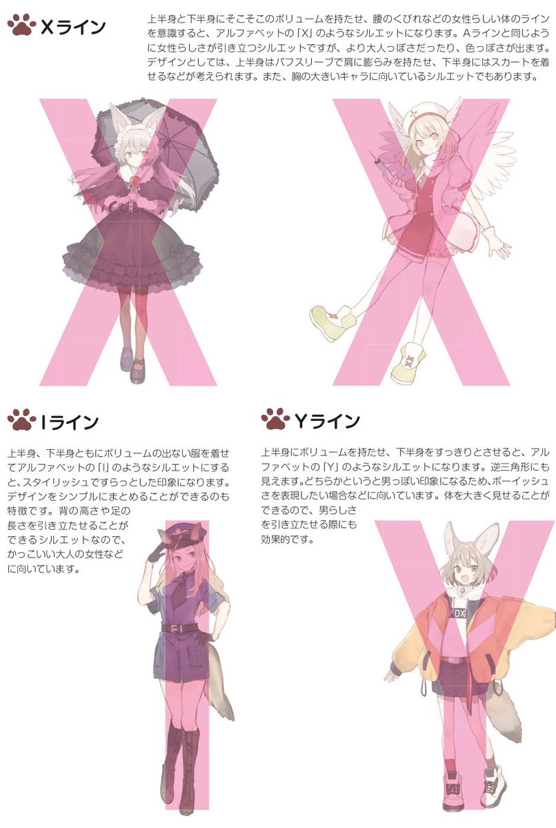 玄光社 超描けるシリーズ No Twitter 超描ネタ帳 第一印象に直結するキャラクターのシルエット 魅力的な立ち姿を描くには Aライン Xライン Iライン Yライン の4つが基本です ぜひ意識して描いてみましょう ケモミミキャラクターデザインブック