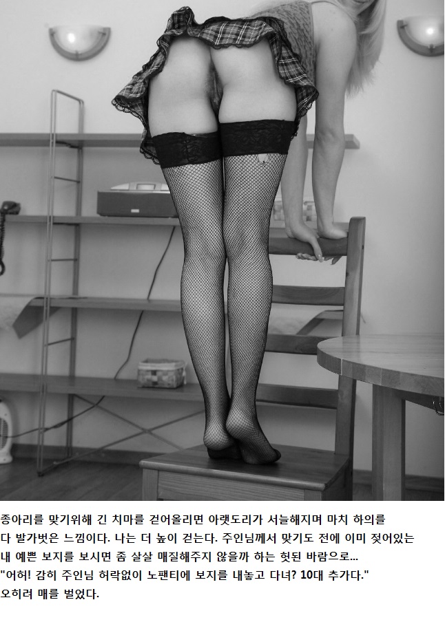 그날 울면서 결국 50대를 디 맞았다. 종아리는 터져서 
개개의 회초리자국이 구분이 안된다. 사무실 책상밑 검스아래 가려진 피멍든 종아리를 살짝 꼬집어보니 아얐! 아직 뻐근하다. 엔돌핀이 솟구치며 음부가 젖어온다. 근무중에 
가랑이를 벌리고 클리로 손이 내려가고 말았다.