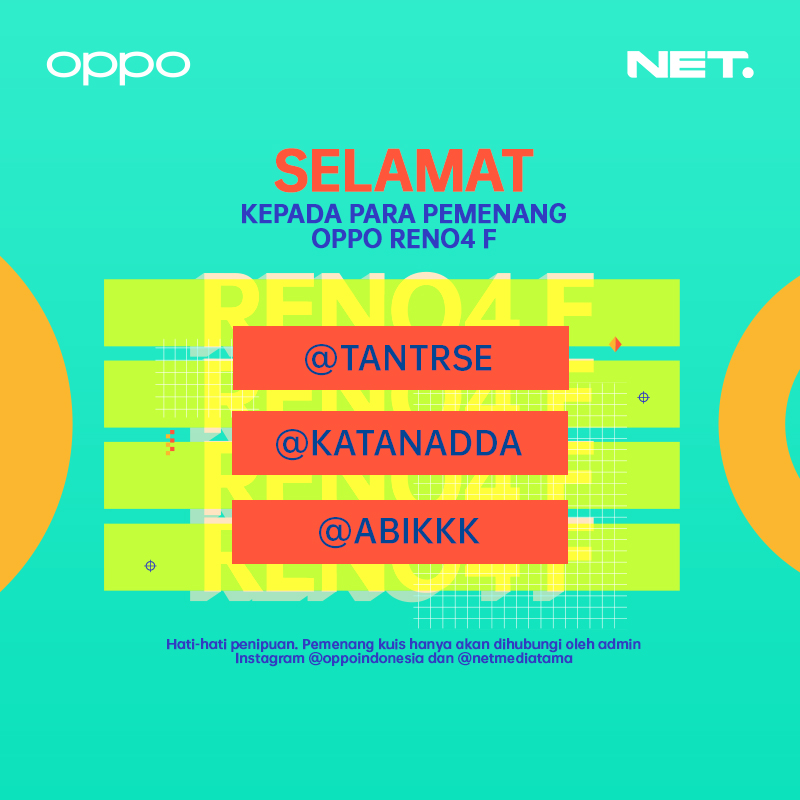 mdtvindonesia's tweet photo. Selamat kepada para pemenang yang sudah ikutan kuis twitter di acara Reno4 F : The Fantastic Launch Night dan mendapatkan OPPO Reno4 F. Selamat kepada :
@tantrse_
@katanadda
@abikkk
#OPPOReno4F # TheFantasticLaunchNight #ClearlyYourExpression #OPPOReno4FxNET https://t.co/pd8MVozbv0