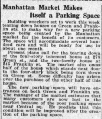 From the same day: Manhattan Market (probably located around the location of the Holmes Building now) tears down a 4 story tenement in order to build parking. (This is now a city-owned property, the location of the Manning Apartments.)