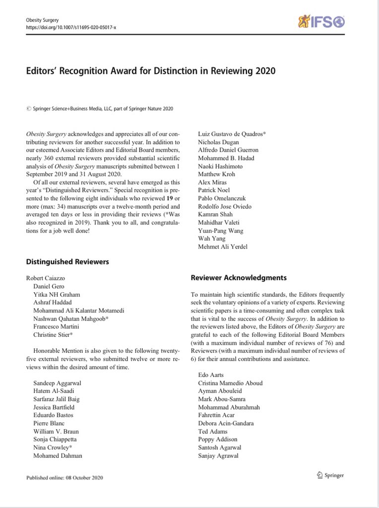 Congratulations 👏👏 to the president of the scientific committee and research group <a href="/danguerron/">Daniel Guerron MD FACS FASMBS</a> for his honorable mention as distinguished reviewer <a href="/JournalObesity/">Obesity Surgery Journal</a> <a href="/IfsoSecretariat/">IFSO</a> <a href="/secbamet/">Secbamet</a> 🇪🇨