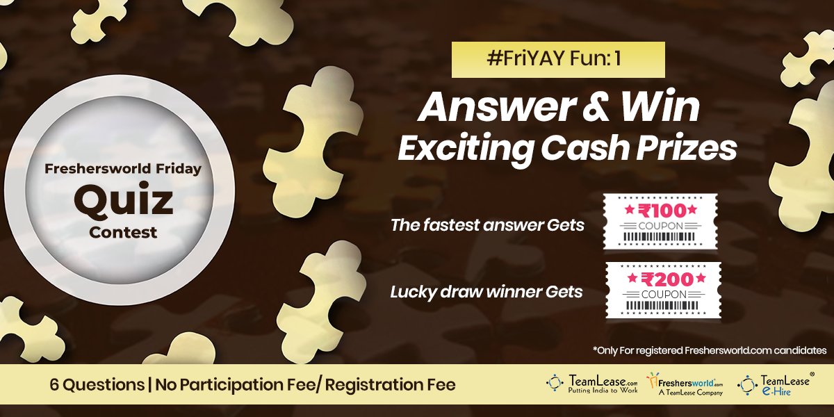 Freshersworld's tweet photo. #ContestAlert #Quiztime #FreshersworldFridayQuizContest the 1st part is here! #FastestFirst will #win!
#StartNow #Quiz: https://t.co/qqTzL8rlyk
#FreshersworldFriday #FriYAYFun #Fridayfun #fun #learn #Aptitude #Puzzle #Trivia #Sports #Cricket #T20 #GeneralKnowledge #CashVoucher https://t.co/2SIhTiDl3u