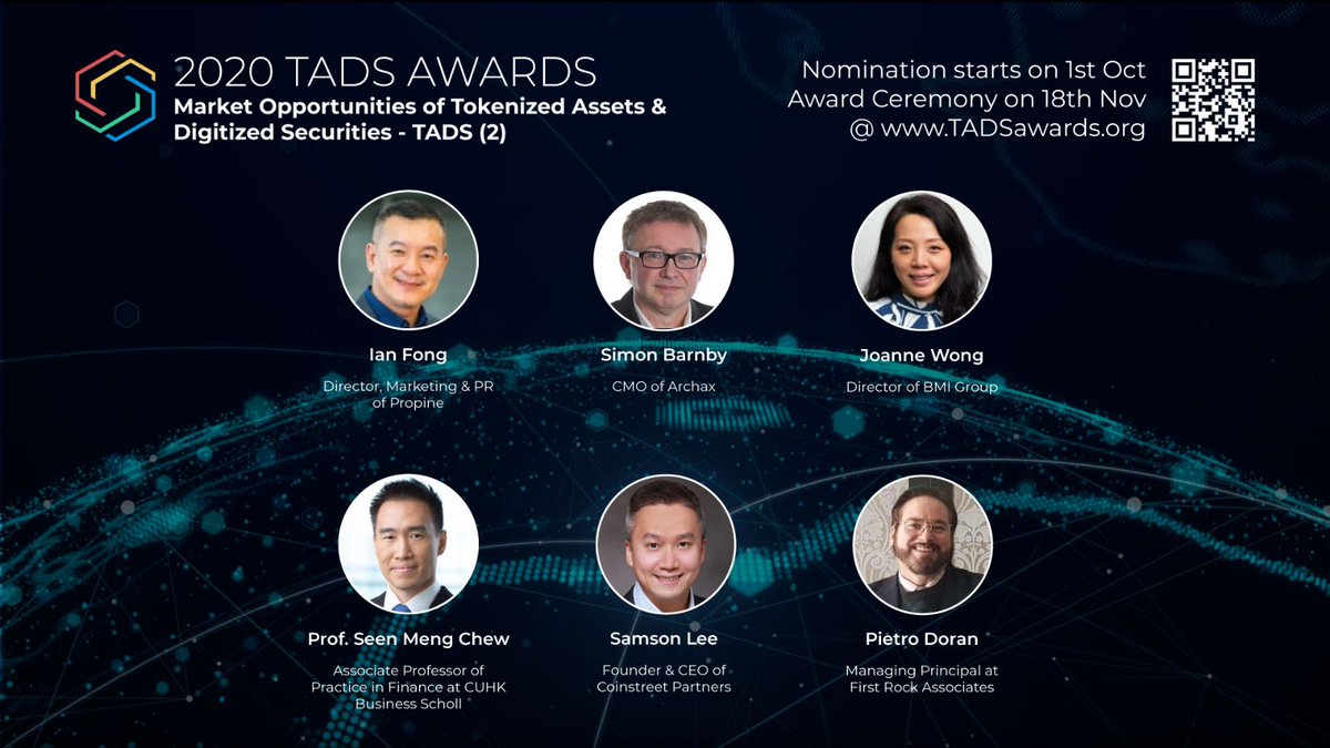 Come to the second information session for the TADS AWARDS (Tokenized Assets &amp; Digitized Securities Awards), and hear another panel discussion on market opportunities for Tokenized Assets &amp; Digitized Securities!

Please register here - lnkd.in/g6DQmp3

#fintech  #STO