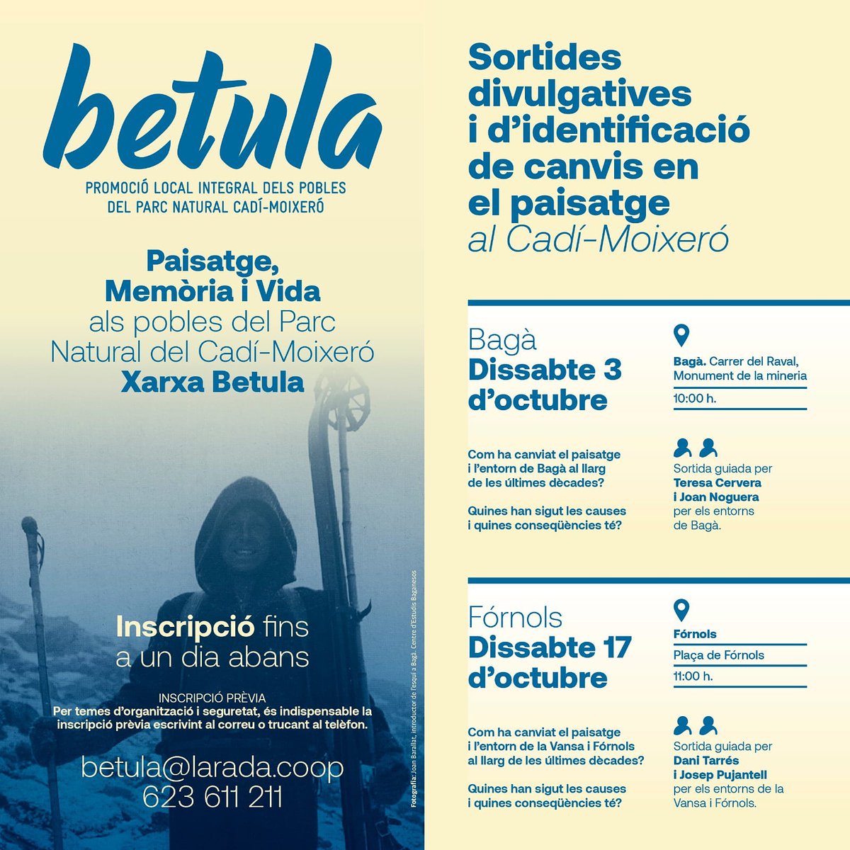 Demà a les 11h serem a la plaça de Fórnols per iniciar un breu itinerari a peu amb l'objectiu d'observar, contrastar i debatre canvis en el paisatge.

Quins han sigut els motius que han propiciat aquests canvis? Ens agraden? Vine i participa! 

Seguim amb #Betula!
