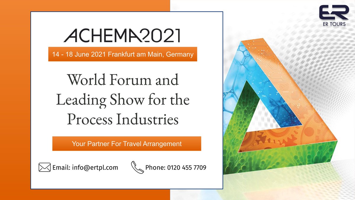 ACHEMA 2021: World Forum and Leading Show for the Process Industries. (<a href="/ACHEMAworldwide/">ACHEMA worldwide</a> )

Secure your stay now!

Mail: info@ertpl.com
Phone:-+91 01204557709
Website - ertours.in

#processindustry #watertechnology #sdg6 #ACHEMA #ACHEMA21 #ProcessIndustry