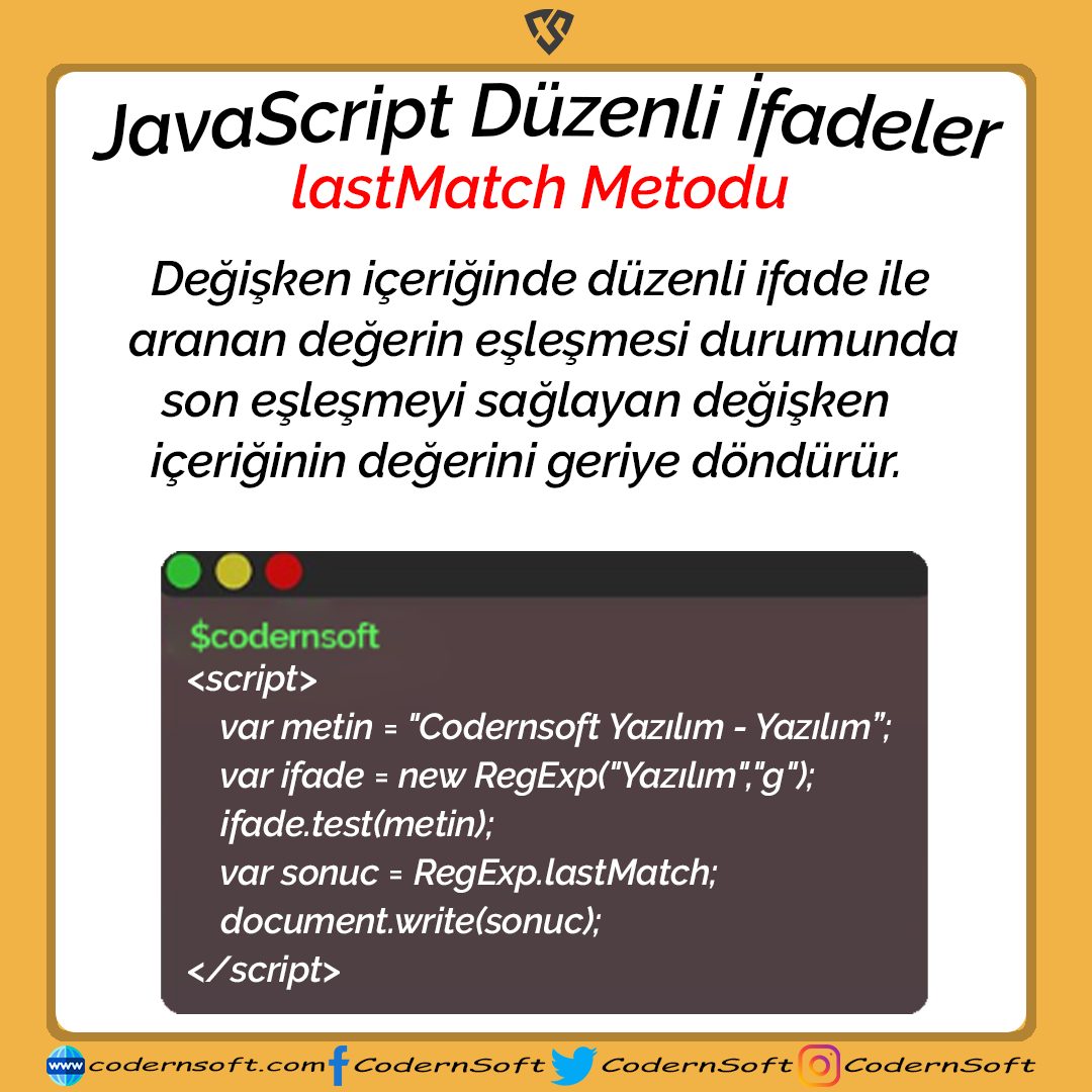 JavaScript - Düzenli İfadeler - search Metodu
codernsoft.com
#js #JS100 #javascript #javascript30 #php #code #Software #GalaxyS20FE #PusulamATATUERK #TwitterDown #bencegelecek #günaydınlar