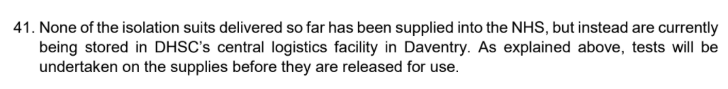 And you may remember this thread in which I explain why I believe those isolation suits are unusable  https://twitter.com/JolyonMaugham/status/1299388199555522561. And even Government admitted as of 1 July 2020 the isolation suits had not been tested.