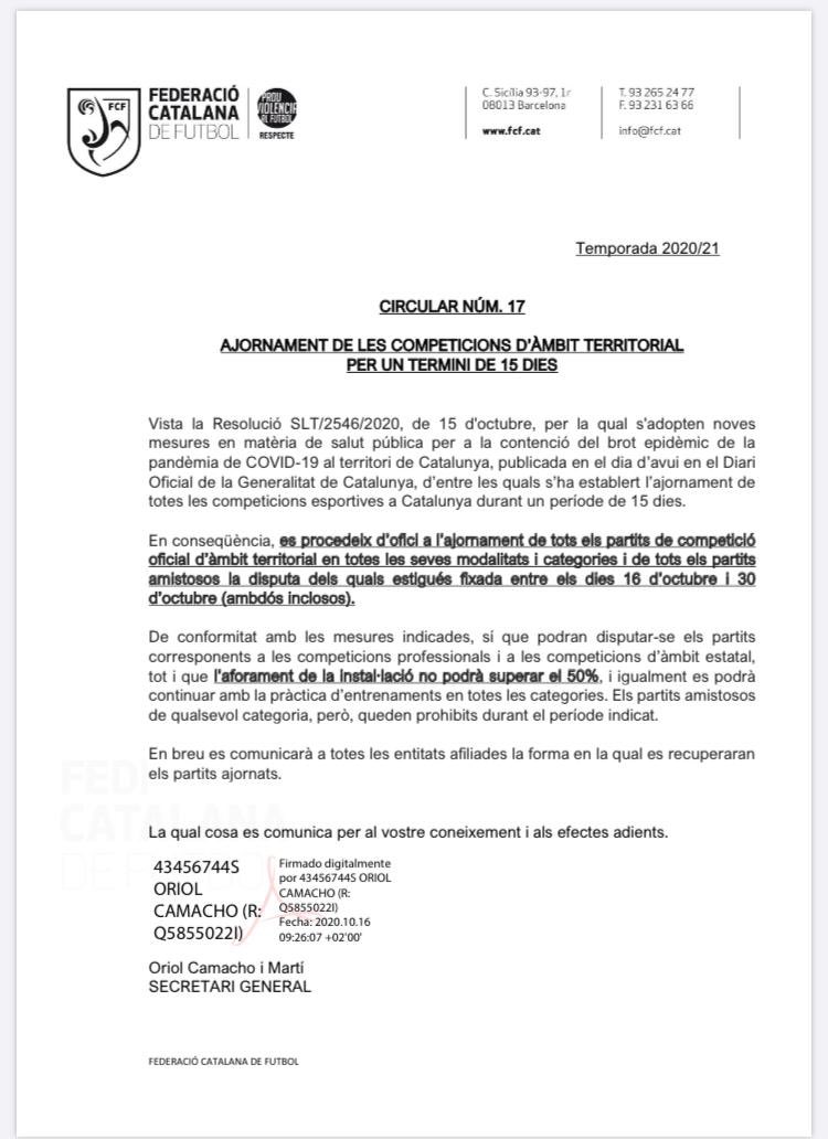 jordi4pech's tweet photo. La Federació s'ha pronunciat de nou. Finalment NO hi ha competició durant 15 dies. Bona nit i tapat. #fcf #fcf_cat #catalunya #futbolbase https://t.co/j4k6N4lXXJ