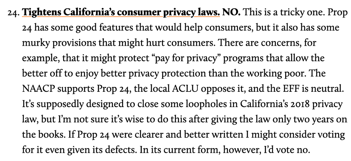 21/ CA Prop 24:  @kdrum explains the dilemma here well:  https://www.motherjones.com/kevin-drum/2020/10/a-short-guide-to-californias-2020-ballot-initiatives/LAT has same analysis, comes down for yes. In a jump ball, I default toward position that ballot initiative not best way to sort complicated issues. weak No:  https://www.latimes.com/opinion/story/2020-09-09/proposition-23-dialysis-vote-no