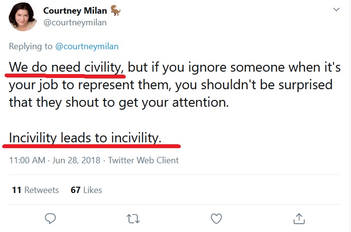 1/Woke people are liars. They are blatant hypocrites. Always. Every time. Without exception.The only reason she wants to "end civility" is when she wants to drag someone or do her bullyingBut.... @courtneymilan