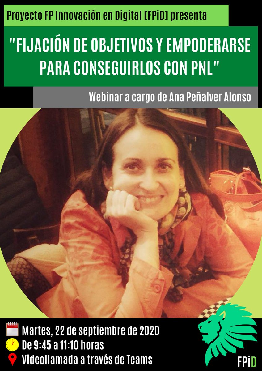 ppenalvera's tweet image. Abro hilo sobre webinars de #FPiD para el curso 20/21, especial sin lugar a dudas:
1⃣ Comenzamos en septiembre con una colección de webinars con gran impacto para nuestro alumnado. Primero fue @anipenalvera  con &quot;Fijación de objetivos y empoderarse para conseguirlos con PNL&quot;