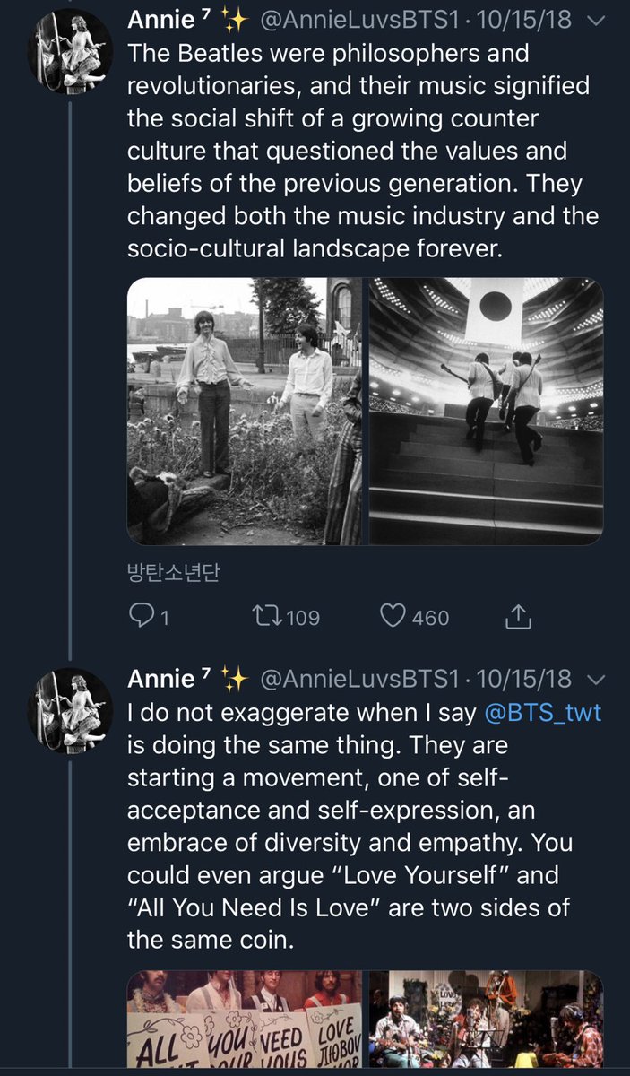 “What is it abt Bangtan Boys that people are so desperately clinging to these days? The common thread of the “overnight  @BTS_twt stan” trend seems to be their gravitational pull as a source of joy, hope, & light”This reminded me of a 2018 thread, long before Beatles parallels +  https://twitter.com/marysiroky/status/1316832397460230147