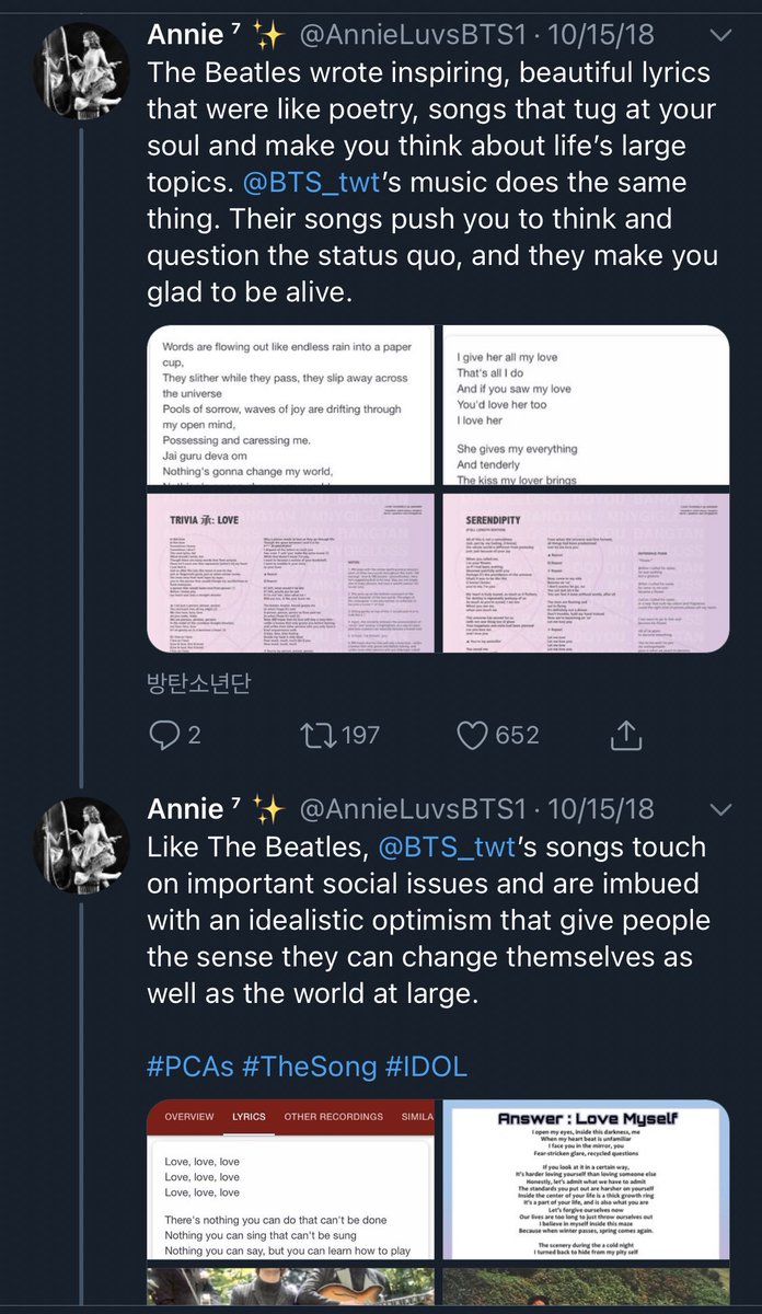 “What is it abt Bangtan Boys that people are so desperately clinging to these days? The common thread of the “overnight  @BTS_twt stan” trend seems to be their gravitational pull as a source of joy, hope, & light”This reminded me of a 2018 thread, long before Beatles parallels +  https://twitter.com/marysiroky/status/1316832397460230147