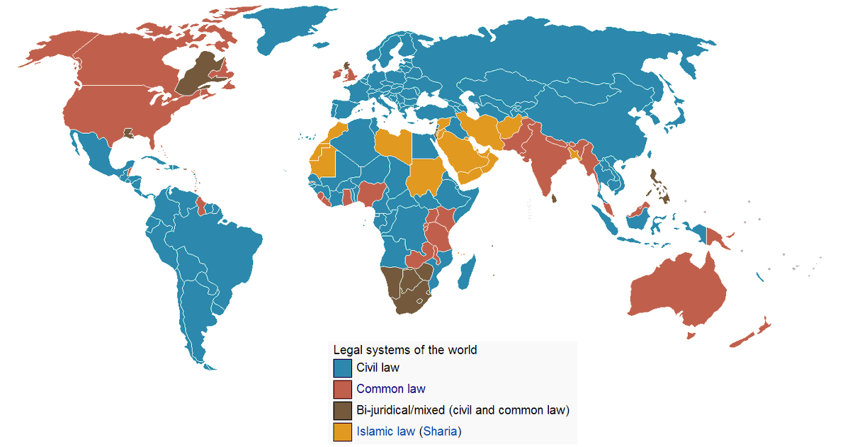 Here is a useful map of the world's major legal systems FYI.