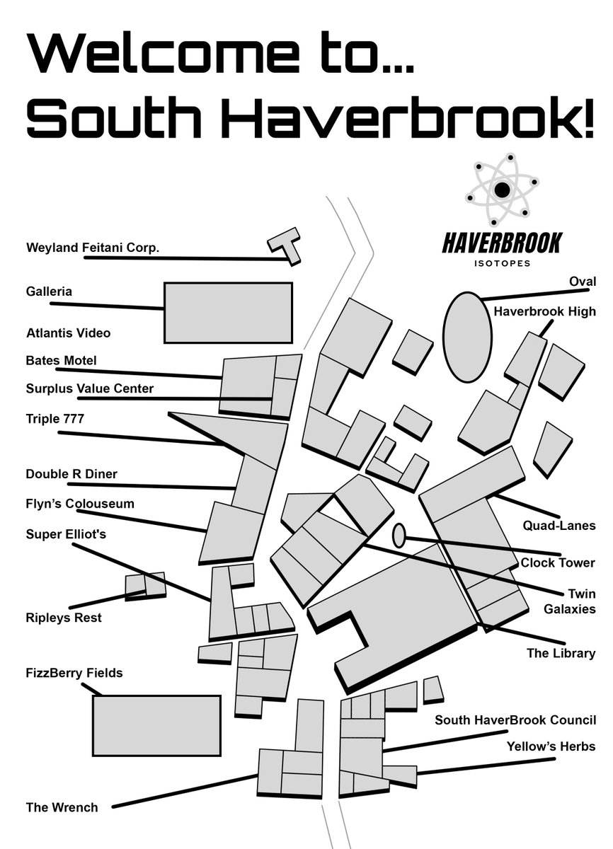 CommitteeQuest's tweet image. Welcome to South Haverbrook! 

A little map we designed. Tom, James, Ben, and Stuart all worked together to come up with the locations on South Haverbrook.

An amalgamation of a heap of retro pop-culture references.

#DnD #Podcast #ttRPG