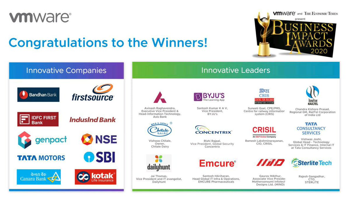 Thank you <a href="/VMware/">VMware</a> and <a href="/EconomicTimes/">Economic Times</a> for the recognition and our congratulations to all the winners! #BusinessImpactAwards2020 <a href="/jaithomasjai/">JAI THOMAS</a>  #dailyhuntapp #dailyhunthaina #JoshMeinAaja