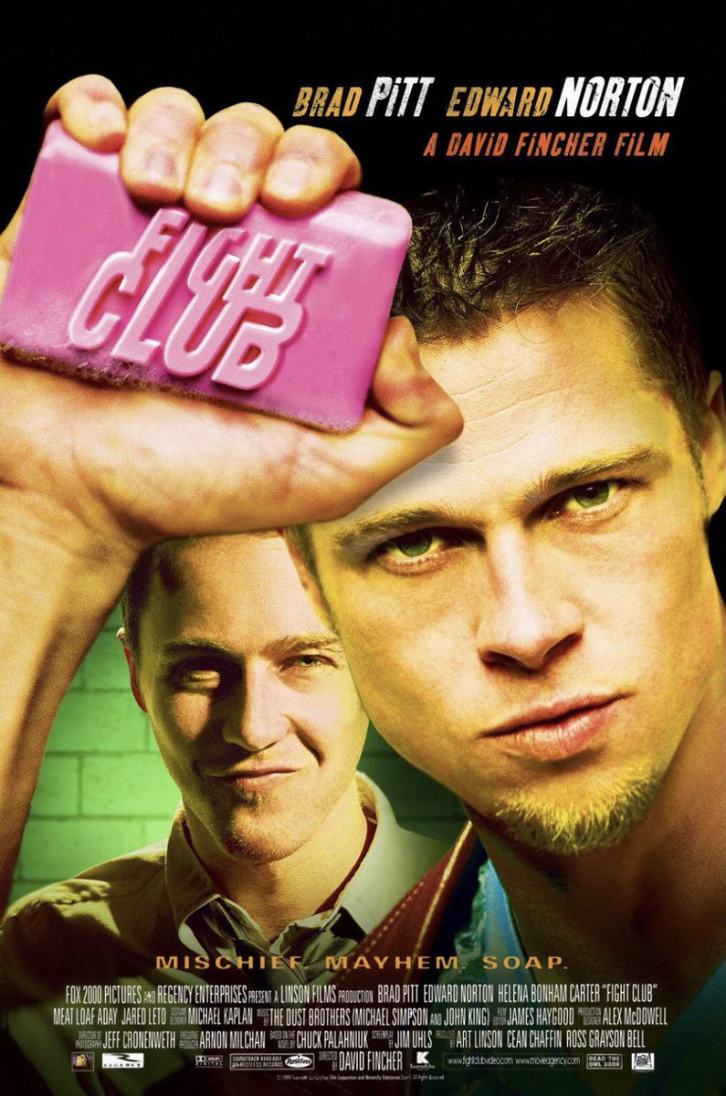 FilmNewsNos's tweet photo. 🎬MOVIE HISTORY: 21 years ago today, October 15, 1999, the movie ‘Fight Club’ opened in theaters!
#EdwardNorton #BradPitt #HelenaBonhamCarter #MeatLoaf @JaredLeto #ZachGrenier #ThomGossomJr #BobStephenson #TimDeZarn #EzraBuzzington #DavidLeeSmith #HoltMcCallany #EionBailey https://t.co/oN2hwwSogp