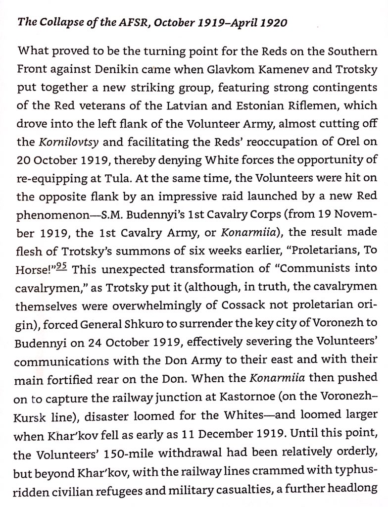 Red offensive October 1919-February 1920 routed Whites in South  & . Trotsky’s heavily  &  strike force & Budyonny’s mostly Cossack 1st Cavalry Division rolled up White’s western & eastern flanks.  still refused to figh Reds. Some Whites escaped to Crimea.