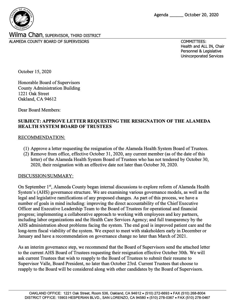 DarwinBondGraha's tweet image. New: Alameda County Supervisors Wilma Chan and Richard Valle want the entire Alameda Health System board to resign before 10/30. If AHS trustees don't, they want them removed.

Chan and Valle say AHS trustees are to blame for the recent hospital strike that cost $10 million.