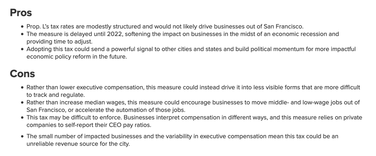 34/ SF Prop L: Extra tax on businesses where CEO earns >100x average worker. Sounds good but...would big companies relocate/dodge? Or is it not onerous enough for that and makes city $60-100M a year. Or "symbolic," like when folks tried to rename dump after GW Bush. Me: 