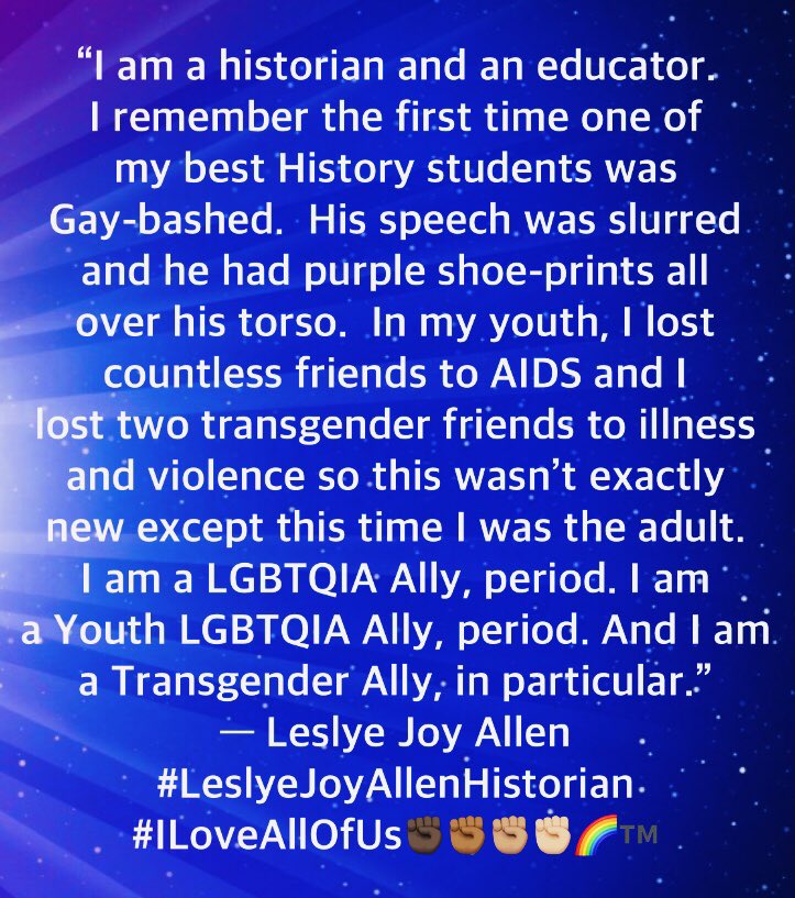 #LeslyeJoyAllenHistorian
#ILoveAllOfUs✊🏿✊🏾✊🏽✊🏼🌈™️
#ProtectLGBTQIAYouth
#ProtectTransgenderYouth
#ProtectBlackTransgenderYouth
#spiritday2020 
#spiritday 
#LGBTQIAYouth
#suicideprevention