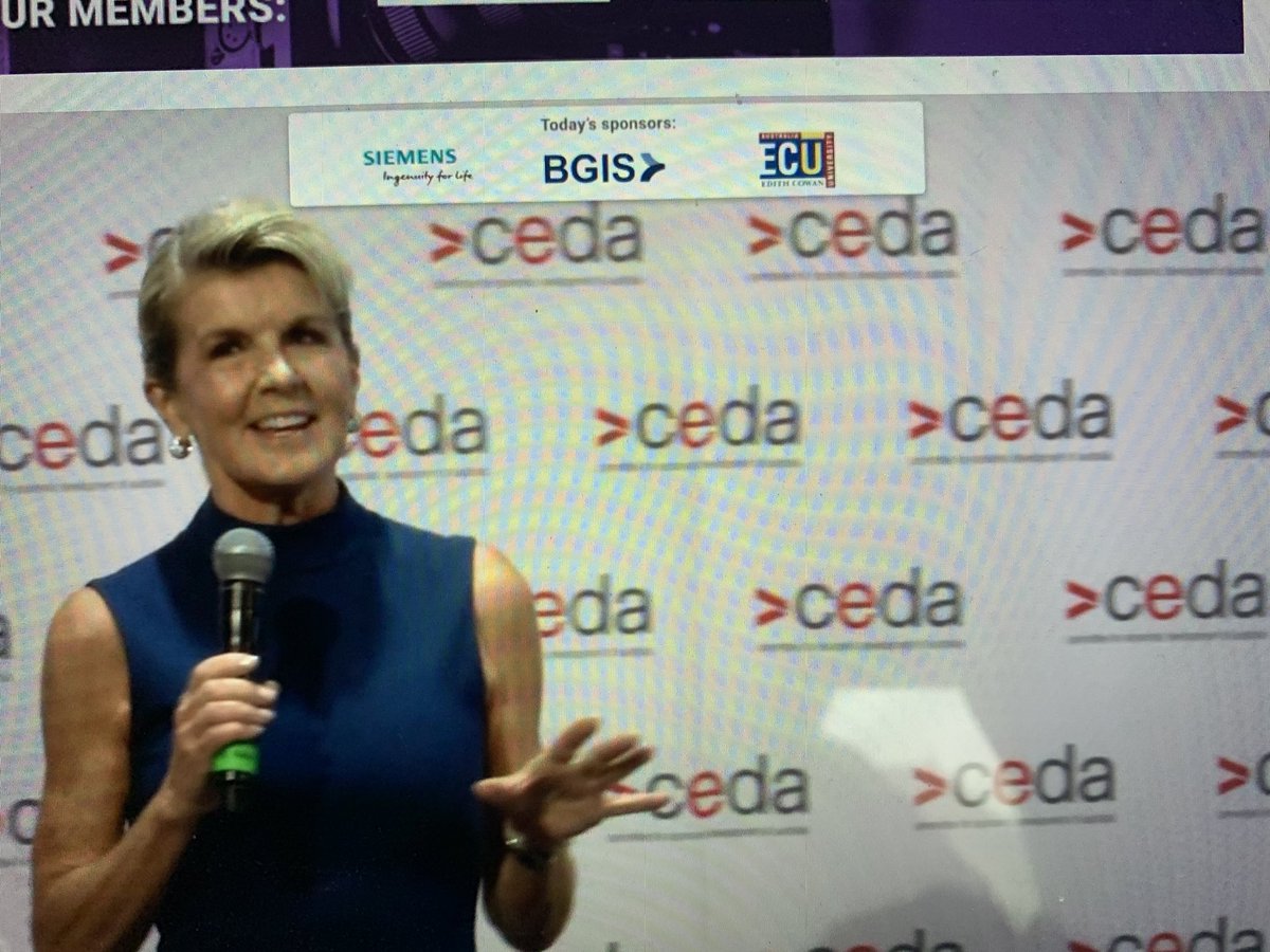 At the CEDA Copland lecture <a href="/HonJulieBishop/">Julie Bishop</a> talks about leadership and a 4 point decision making test. 1. Compared to what? 2. At what cost? 3. What’s the hard evidence? &amp; 4. What could possibly go wrong? (Julie’s addition) <a href="/Siemens_Aus/">Siemens Aus & NZ</a>