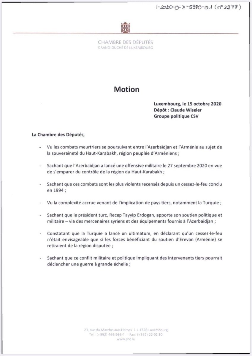 The #Luxembourg Parliament has unanimously adopted a resolution condemning the hostilities unleashed by #Azerbaijan against #Artsakh, #Turkish military-political support to #Azerbaijan & calling on the govt. to clearly condemn all military actions that violate the 1994 ceasefire. https://t.co/Rho7EIYJkz