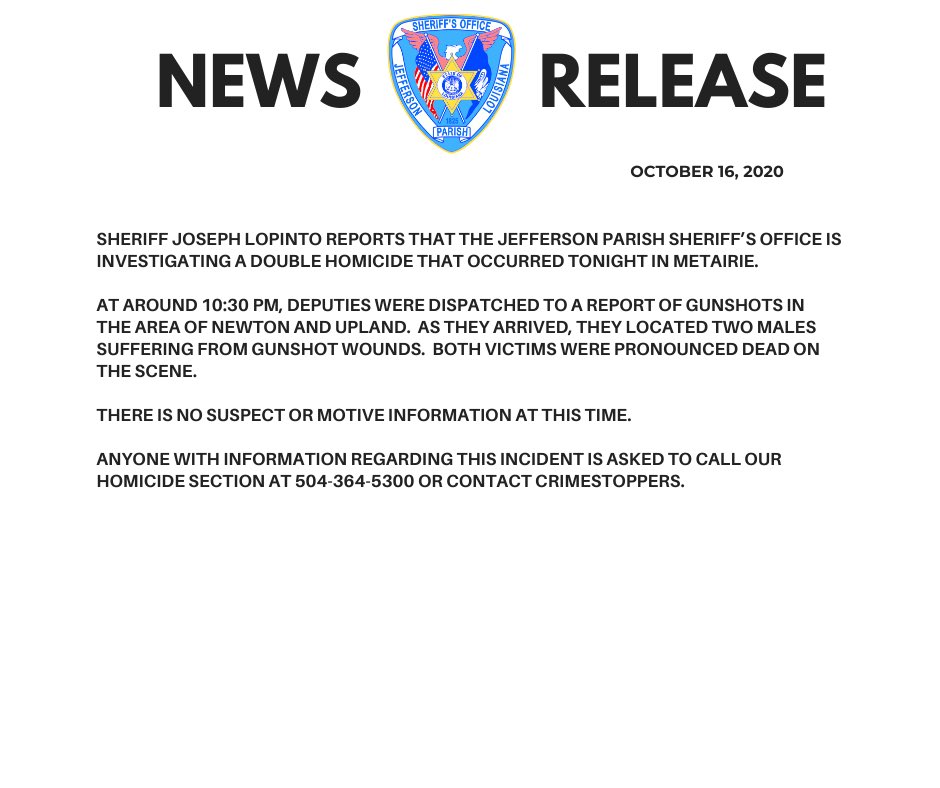 JeffParishSO's tweet image. Double homicide investigation in Metairie—full release below