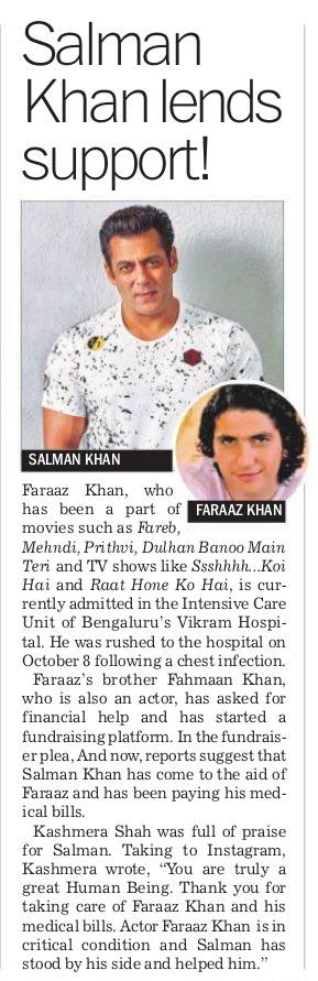 SabinaLamba's tweet photo. #SalmanKhan steps in 2 help critically-ill actor #FaraazKhan in Bengaluru.
"It was very kind of #Salman sir to call&foot #Faraaz’s hospital bill. He inquired abt Faraaz's health&also let us know that he is in touch wid hospital authorities&asked us not 2 worry"#Fahed
Respect 🙏 https://t.co/LUyGxMJBhj