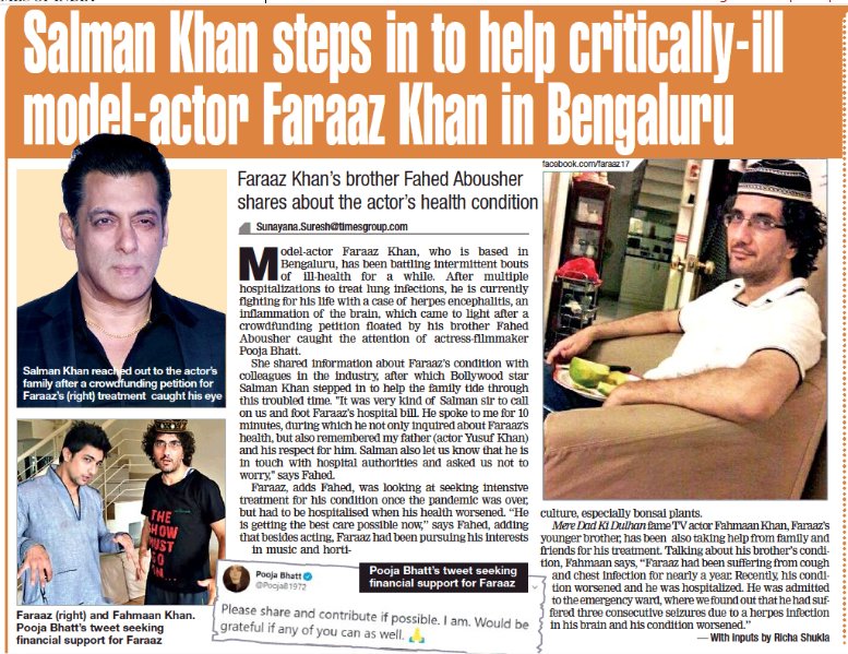 SabinaLamba's tweet photo. #SalmanKhan steps in 2 help critically-ill actor #FaraazKhan in Bengaluru.
"It was very kind of #Salman sir to call&foot #Faraaz’s hospital bill. He inquired abt Faraaz's health&also let us know that he is in touch wid hospital authorities&asked us not 2 worry"#Fahed
Respect 🙏 https://t.co/LUyGxMJBhj
