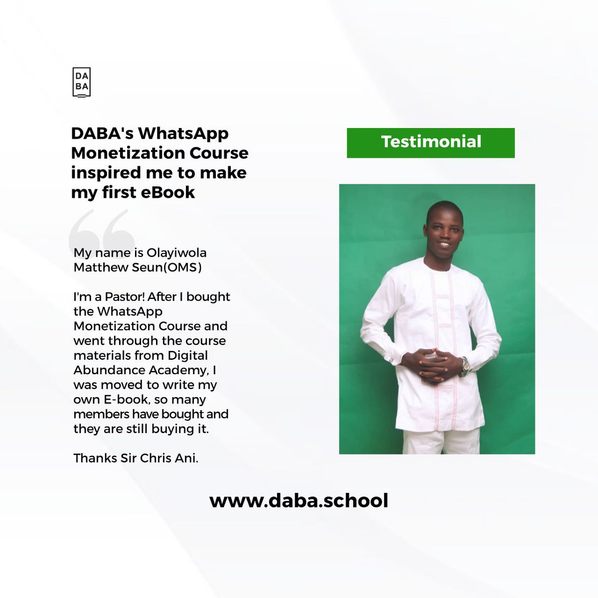 Meet Pastor Olayiwola who wrote and published his first ebook in less than one week after taking the whatsapp monetization course on  http://daba.school  He has been making money weekly with the book,, you realy need to hear how that book sales has helped his finances.