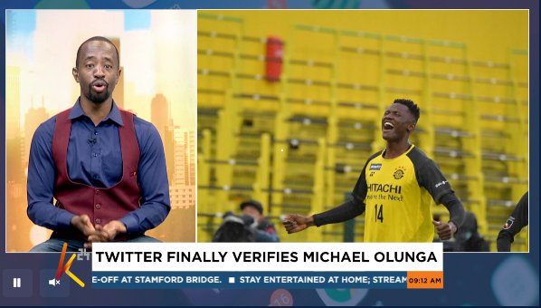 K24Tv's tweet photo. Twitter has finally verified striker Michael Olunga following a campaign by KoT. Kenyans pushed a sustained campaign under the banner #VerifyOlunga to help the Harambee Stars striker get the blue badge And after days of waiting & hoping, Twitter bowed to pressure #K24ThisMorning https://t.co/QLLiucn3ei
