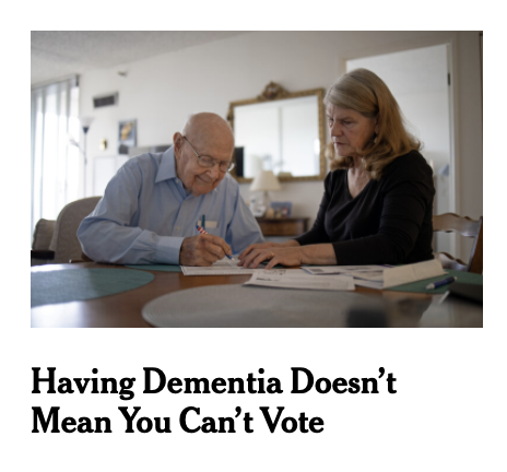Headline that says "having dementia doesn't mean you can't vote"