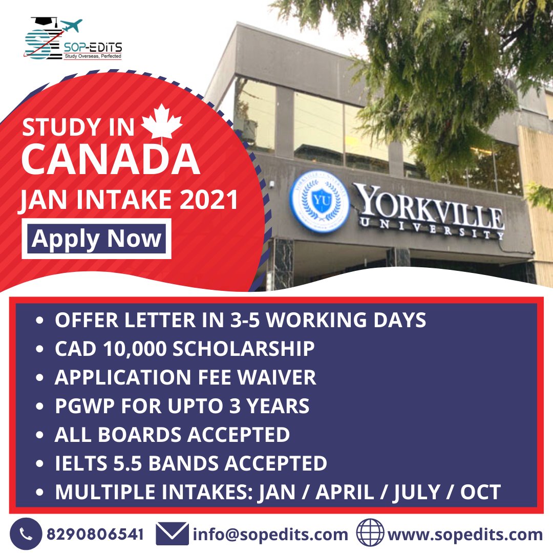 Study in Canada.
Apply to #YorkvilleUniversity, #Canada with campuses in Toronto and Vancouver.

-Free Application & Offer letter in 3-5 working days
-Apply without IELTS for Conditional Admission
-Get the Easy Admissions -exclusive $10,000 scholarship

Contact us now: 8290806541