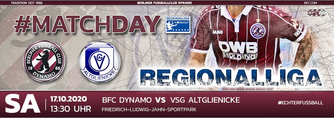 Regionalliga Nordost: Am morgigen Sonnabend empfängt unser #BFCDynamo die <a href="/VSG_Berlin/">VSG Altglienicke</a> im heimischen Friedrich-Ludwig-Jahn-Sportpark. Anpfiff der Partie des 10. Spieltags erfolgt um 13:30 Uhr. Tickets sind an der Tageskasse erhältlich. Wir freuen uns auf Ihren Besuch!